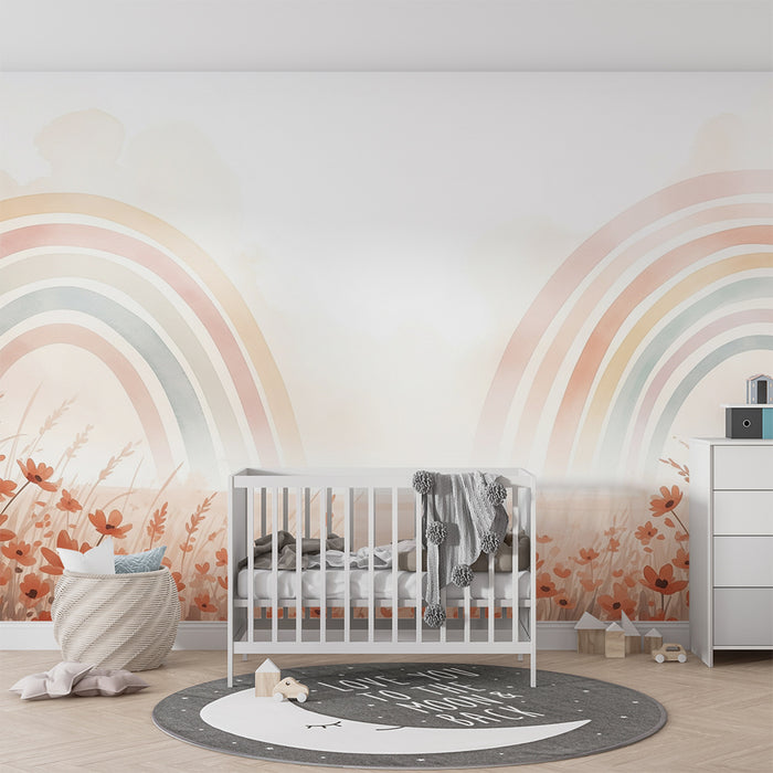 Barntapet | Mjuk regnbåge och delikata blommor i en lugnande miljö