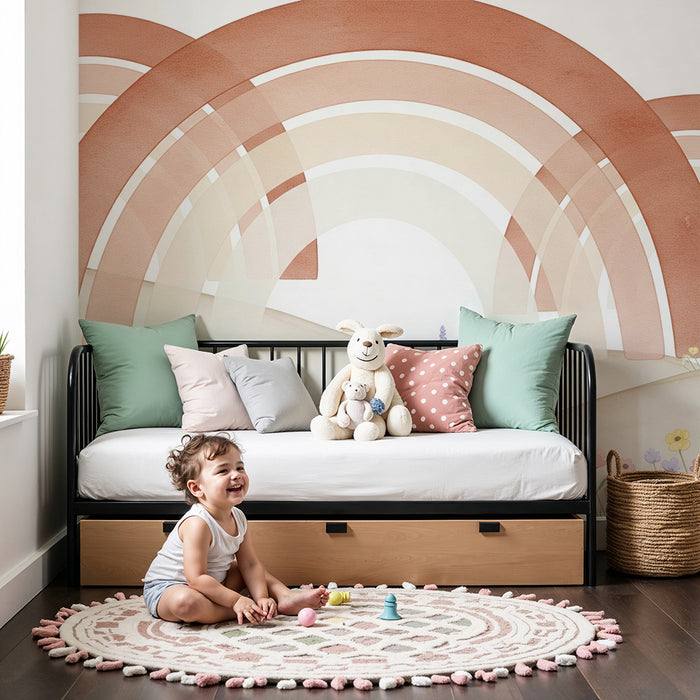 Barntapet | Mjuk regnbåge och delikata blommor på en lugnande landskap