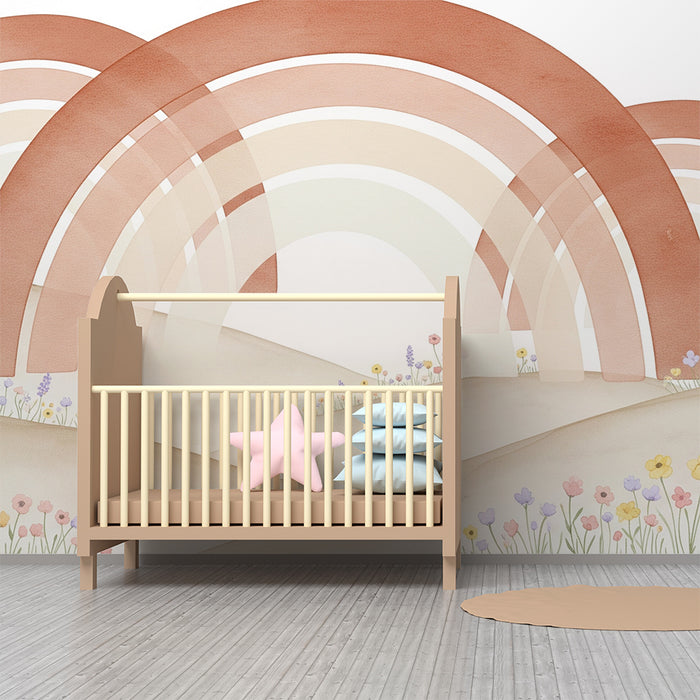 Barntapet | Mjuk regnbåge och delikata blommor på en lugnande landskap