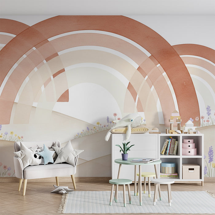 Barntapet | Mjuk regnbåge och delikata blommor på en lugnande landskap