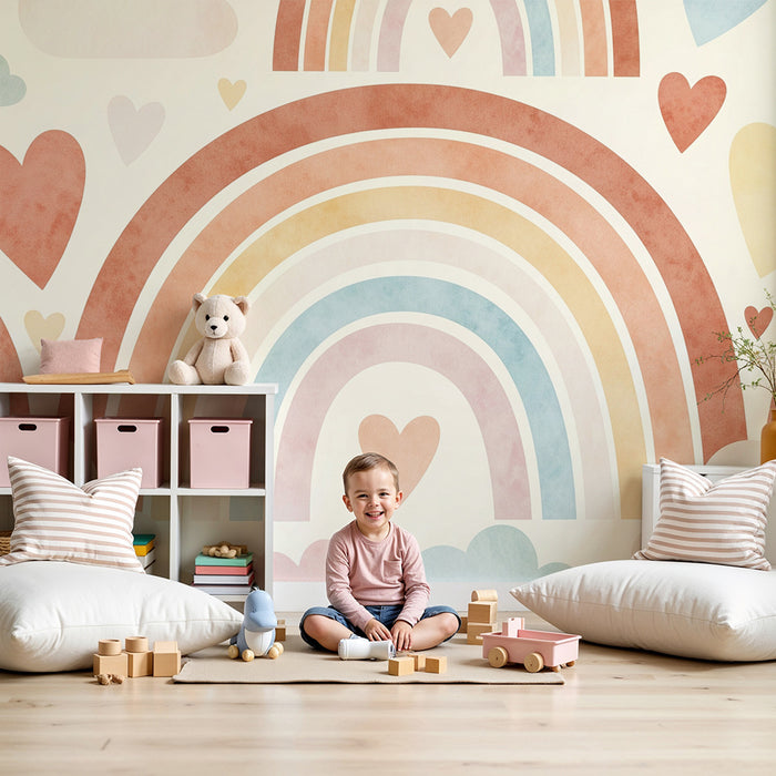 Barntapet | Mjuk regnbåge och moln med pastellhjärtan
