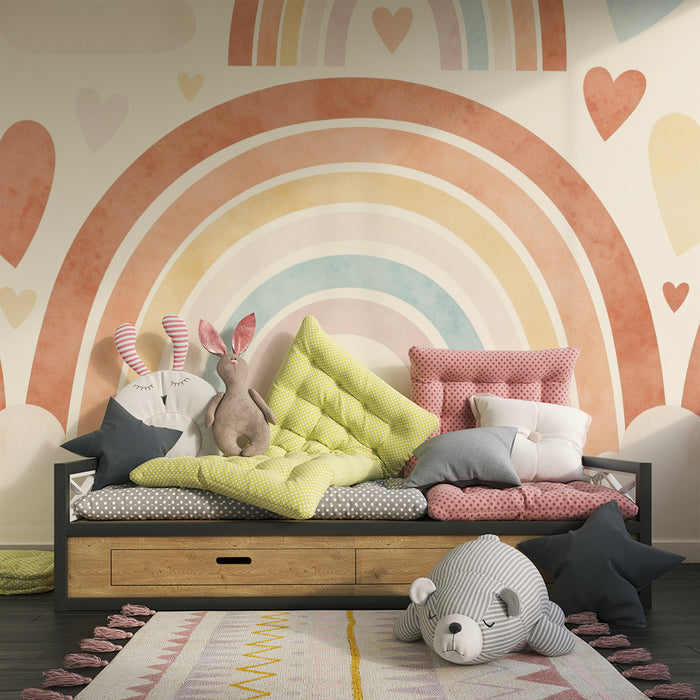 Barntapet | Mjuk regnbåge och moln med pastellhjärtan