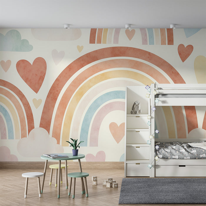 Barntapet | Mjuk regnbåge och moln med pastellhjärtan