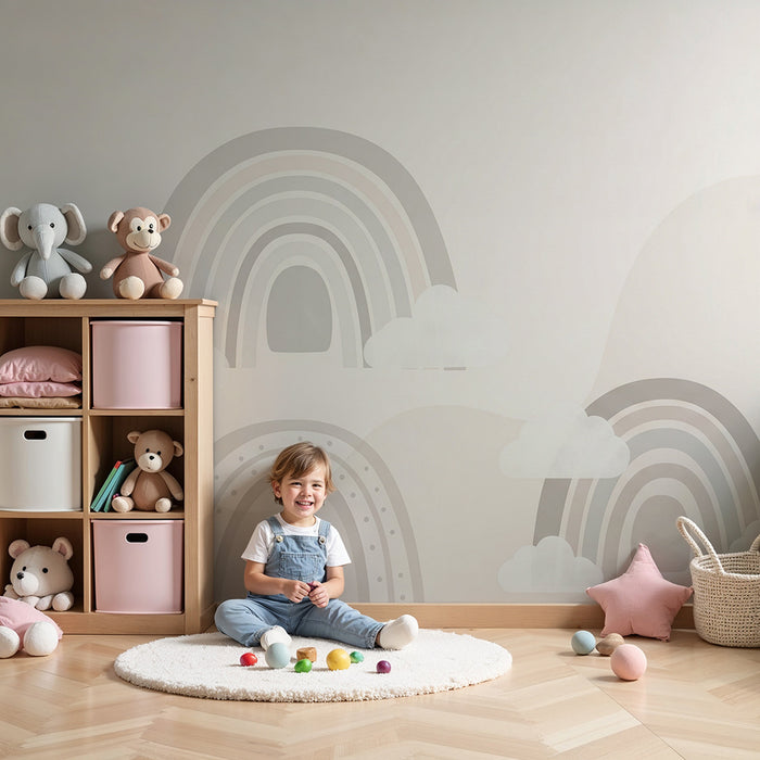 Papel pintado infantil | Arco iris suave y nubes esponjosas sobre fondo pastel