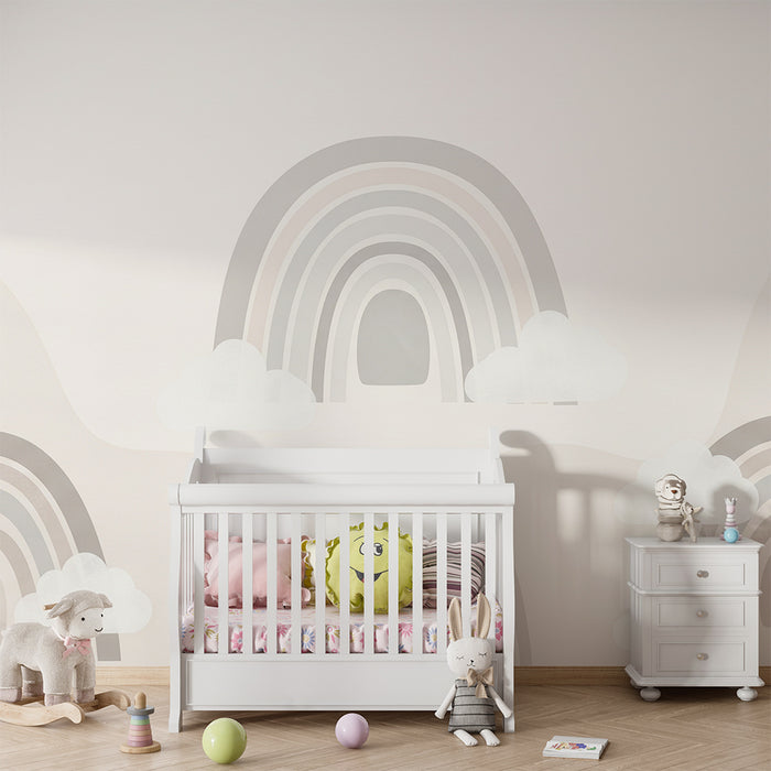 Papel pintado infantil | Arco iris suave y nubes esponjosas sobre fondo pastel