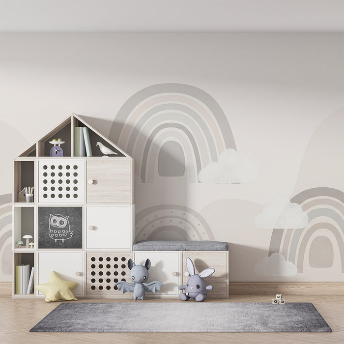 Papel pintado infantil | Arco iris suave y nubes esponjosas sobre fondo pastel