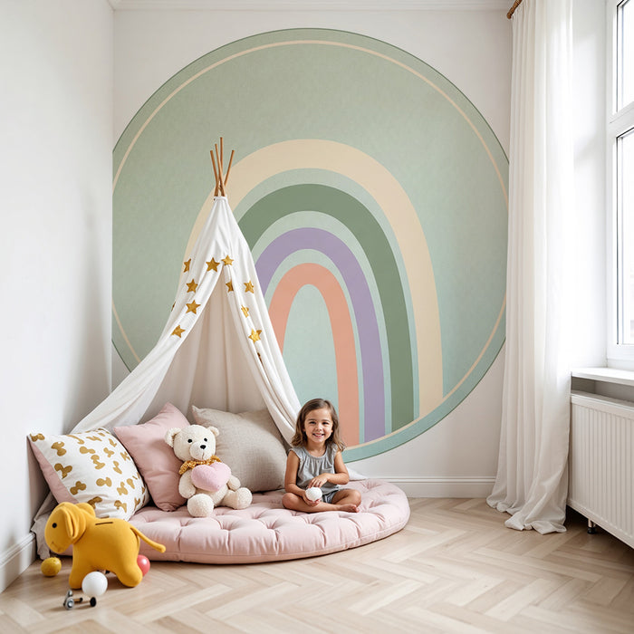 Barntapet | Mjuk och pastell regnbåge på grön bakgrund