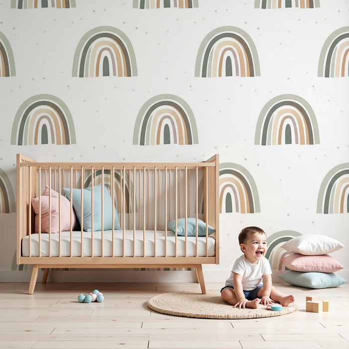 Nursery room wallpaper | Soft pastel rainbow and sage green