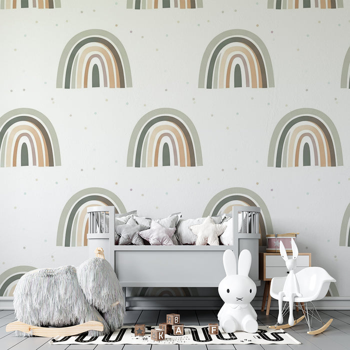 Nursery room wallpaper | Soft pastel rainbow and sage green
