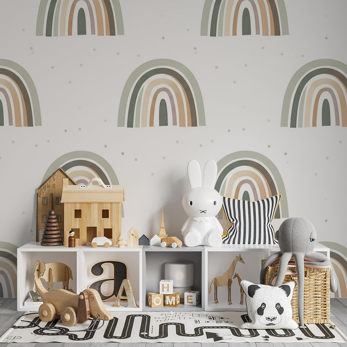Nursery room wallpaper | Soft pastel rainbow and sage green