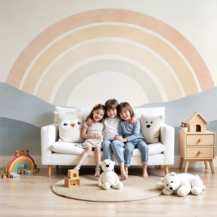 Nursery room wallpaper | Soft rainbow over pastel mountains