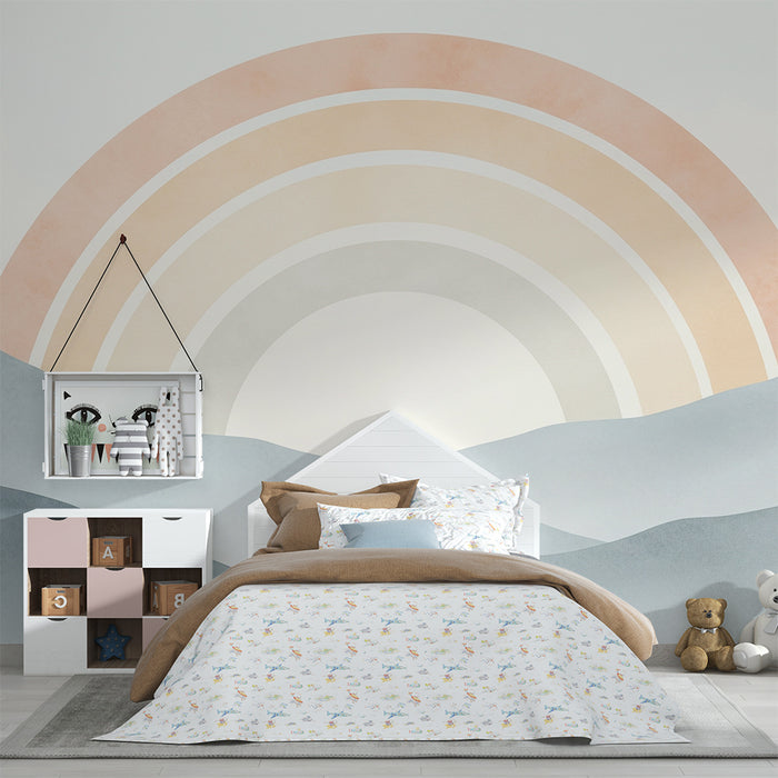Nursery room wallpaper | Soft rainbow over pastel mountains