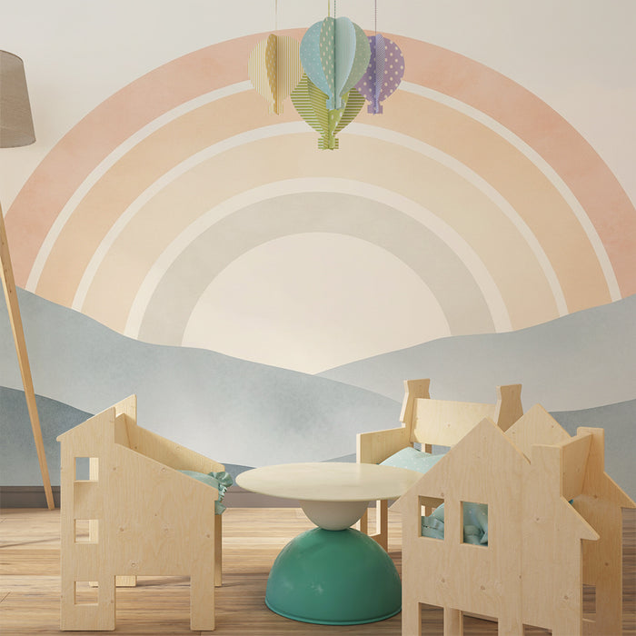 Nursery room wallpaper | Soft rainbow over pastel mountains