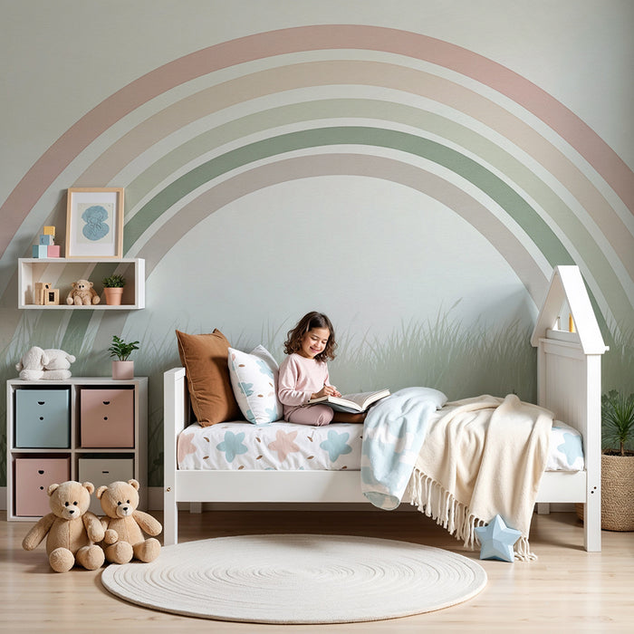 Børneværelse tapet | Blid regnbue på baggrund af grøn eng