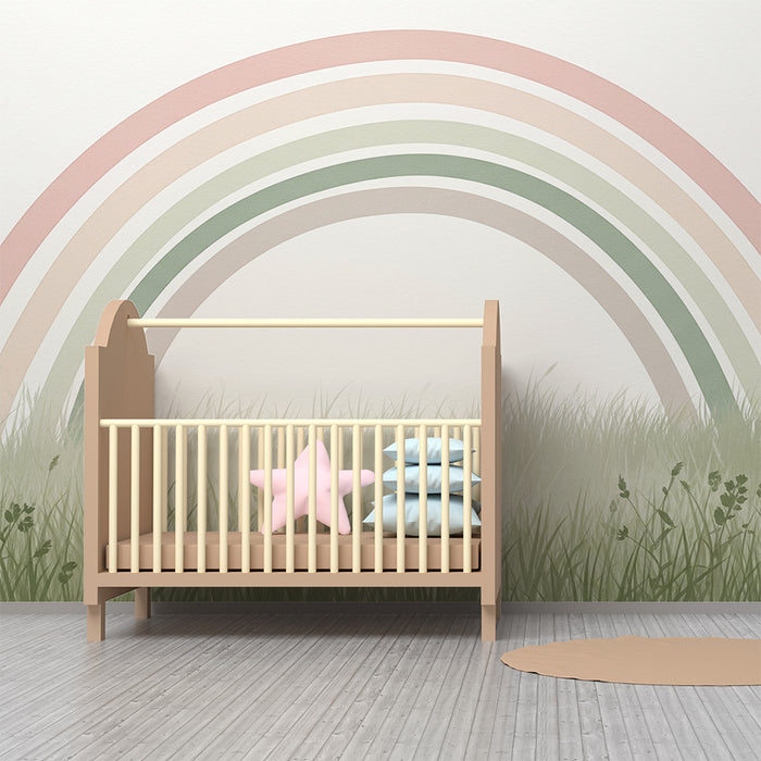 Børneværelse tapet | Blid regnbue på baggrund af grøn eng