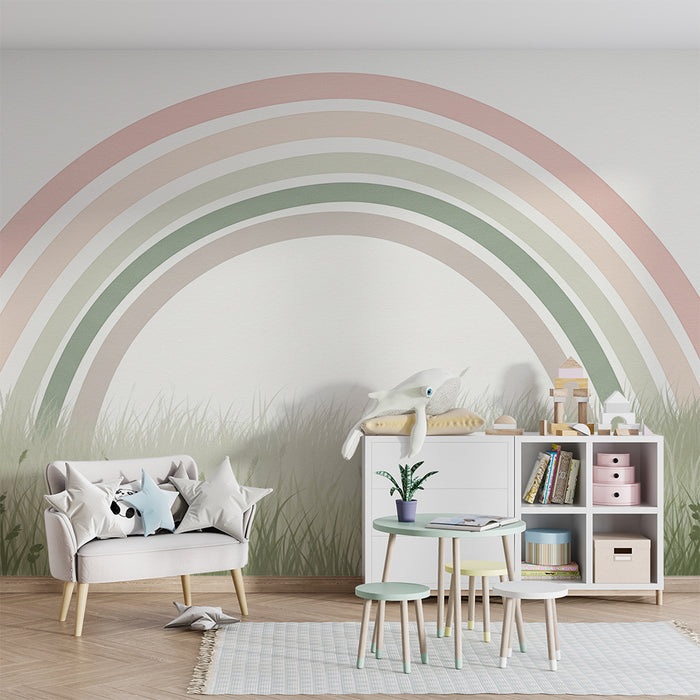 Børneværelse tapet | Blid regnbue på baggrund af grøn eng