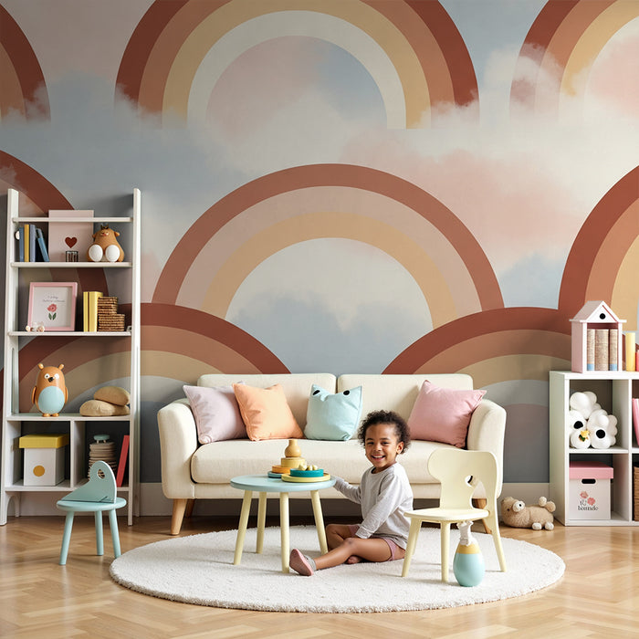 Papel de parede quarto bebê | Arco-íris suave em fundo pastel nublado