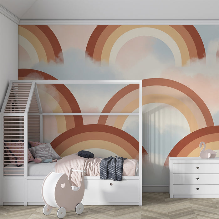 Papel de parede quarto bebê | Arco-íris suave em fundo pastel nublado