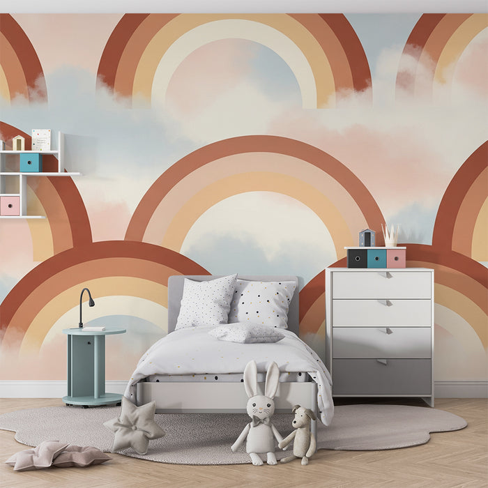 Papel de parede quarto bebê | Arco-íris suave em fundo pastel nublado