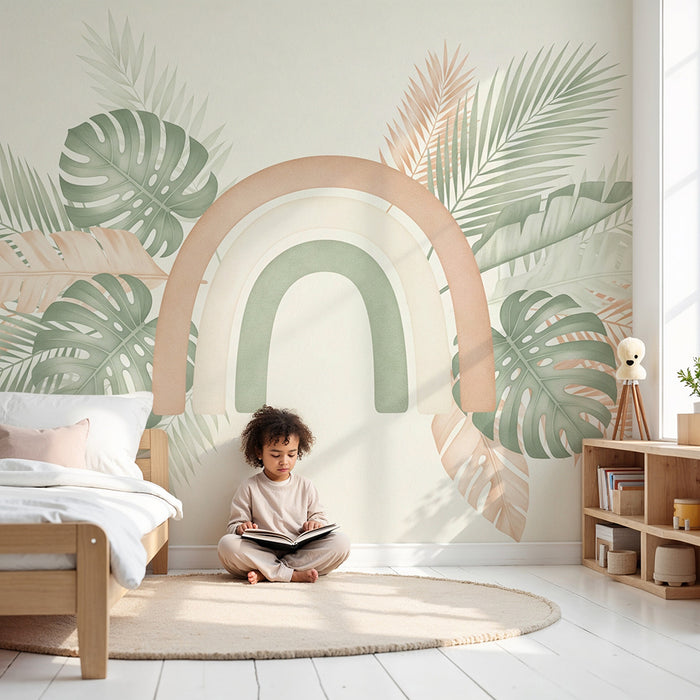 Lastenhuoneen tapetti | Sateenkaari ja trooppinen salvianvihreä ja vaaleanpunainen lehtikuvio