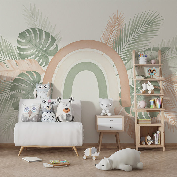 Lastenhuoneen tapetti | Sateenkaari ja trooppinen salvianvihreä ja vaaleanpunainen lehtikuvio