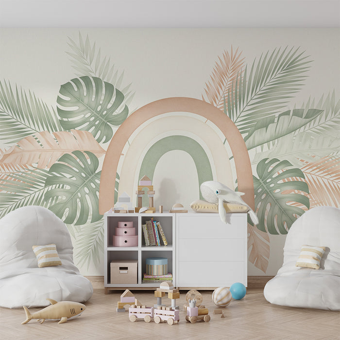 Lastenhuoneen tapetti | Sateenkaari ja trooppinen salvianvihreä ja vaaleanpunainen lehtikuvio