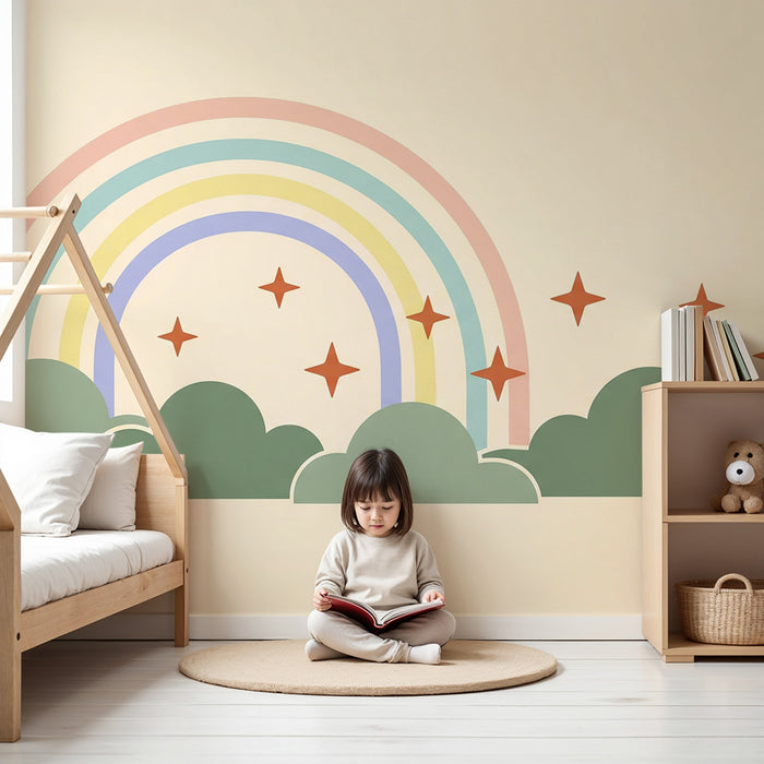 Papel pintado infantil | Arco iris y nubes verde salvia