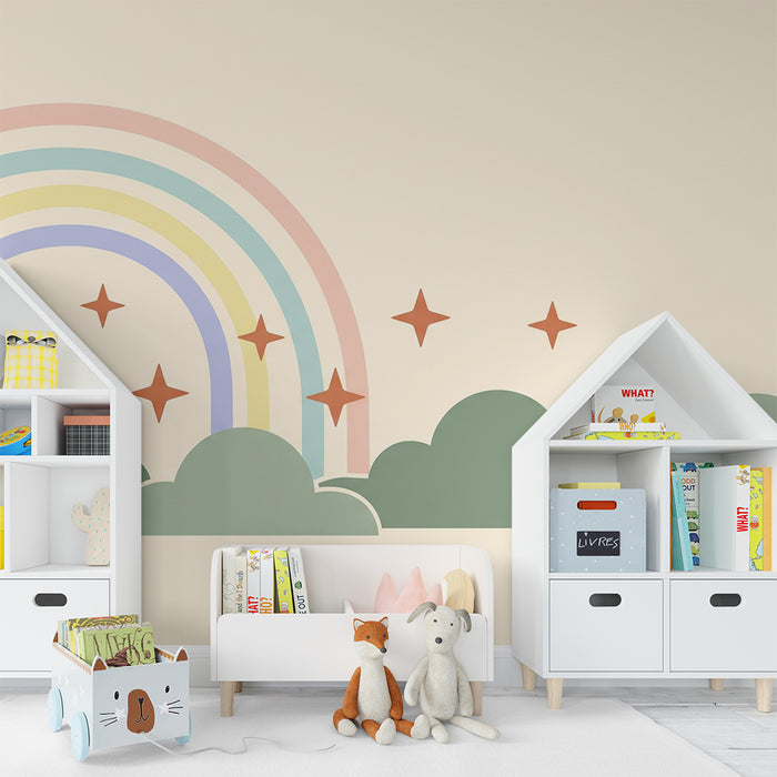 Papel pintado infantil | Arco iris y nubes verde salvia