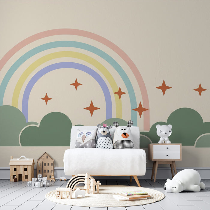 Papel pintado infantil | Arco iris y nubes verde salvia