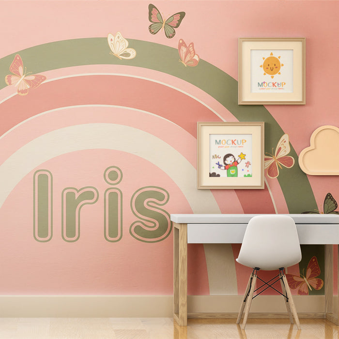 Papel pintado infantil | Arco iris de Iris con mariposas de colores
