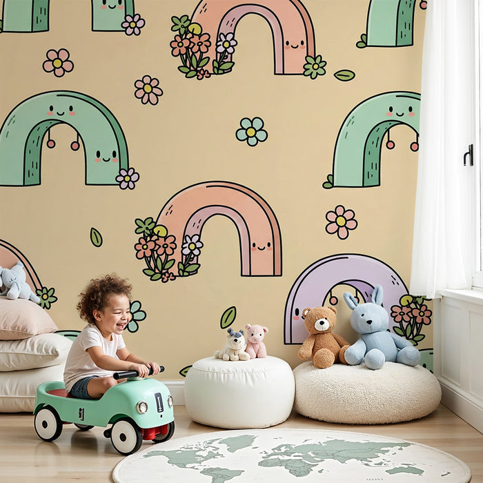 Papier peint chambre bébé | Arc-en-ciel joyeux avec fleurs colorées