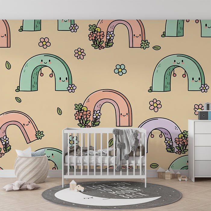 Papier peint chambre bébé | Arc-en-ciel joyeux avec fleurs colorées