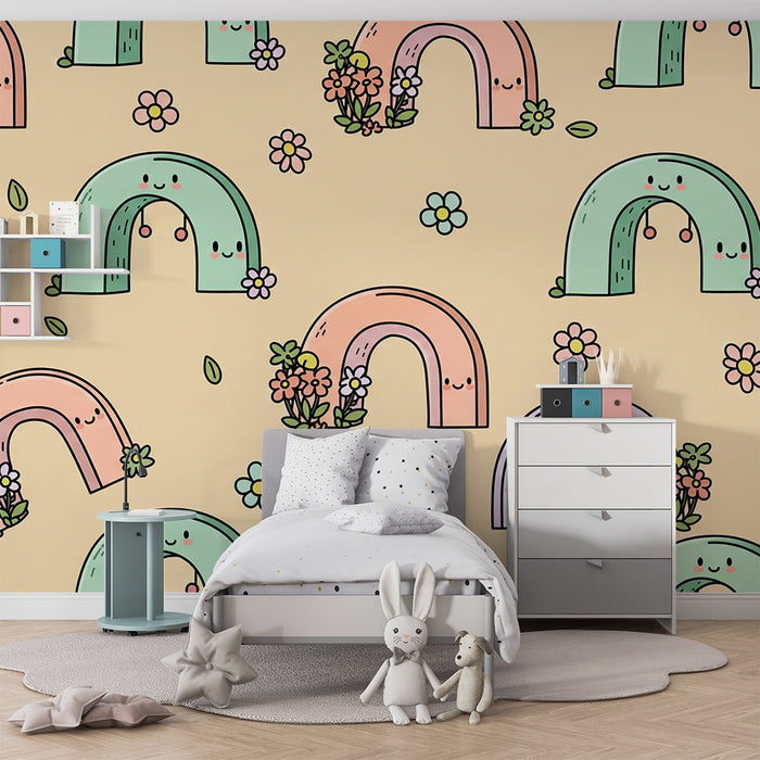 Papier peint chambre bébé | Arc-en-ciel joyeux avec fleurs colorées