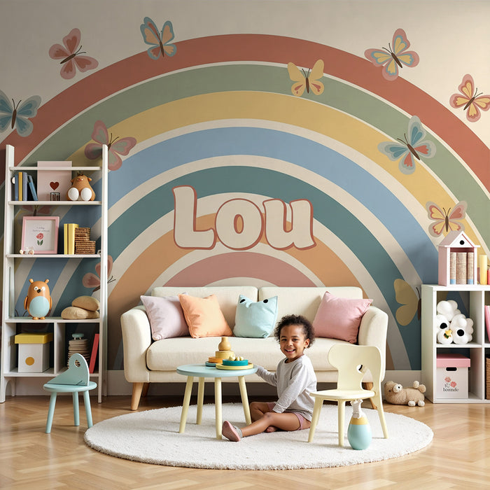 Nursery room wallpaper | Rainbow Lou with colorful butterflies
