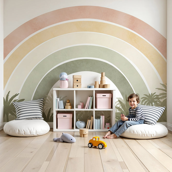 Børneværelse tapet | Pastel regnbue over en tropisk jungle