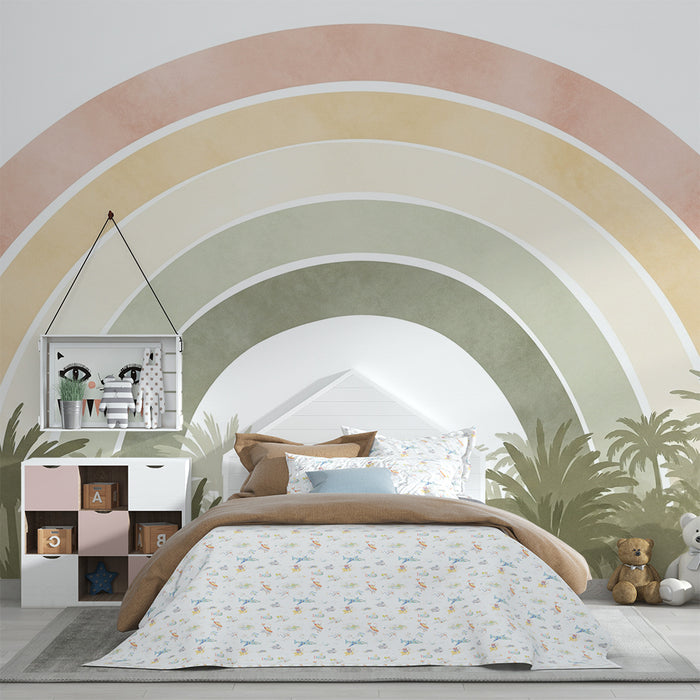 Børneværelse tapet | Pastel regnbue over en tropisk jungle