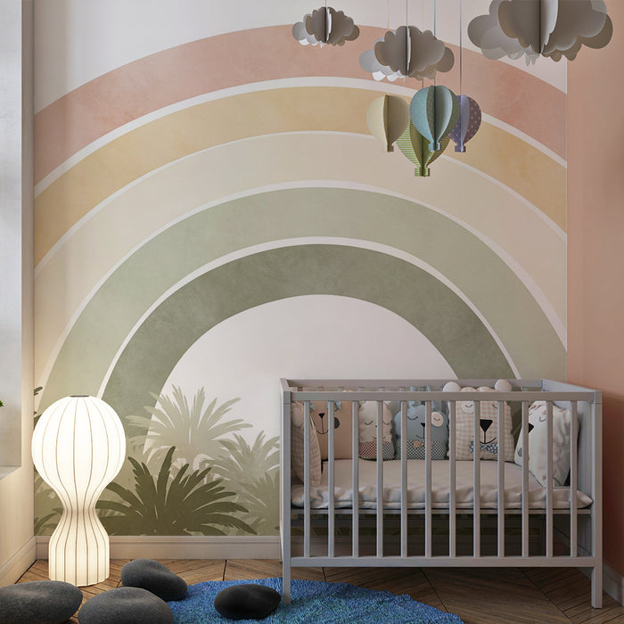 Børneværelse tapet | Pastel regnbue over en tropisk jungle