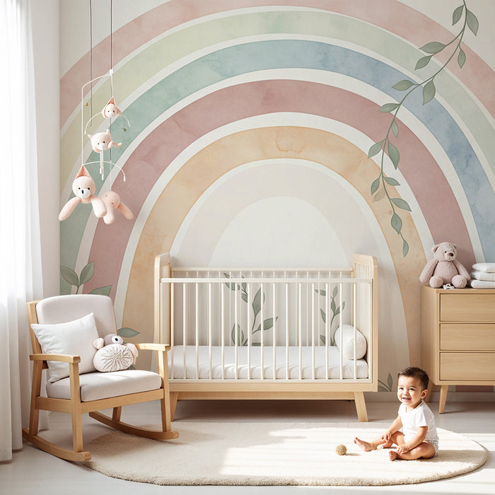 Babykamer behang | Pastel regenboog met delicate bladeren