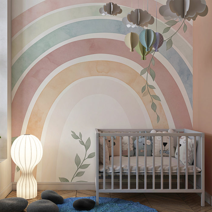 Babykamer behang | Pastel regenboog met delicate bladeren