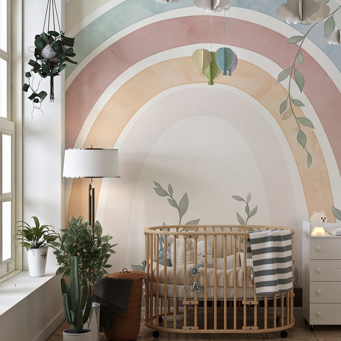 Babykamer behang | Pastel regenboog met delicate bladeren