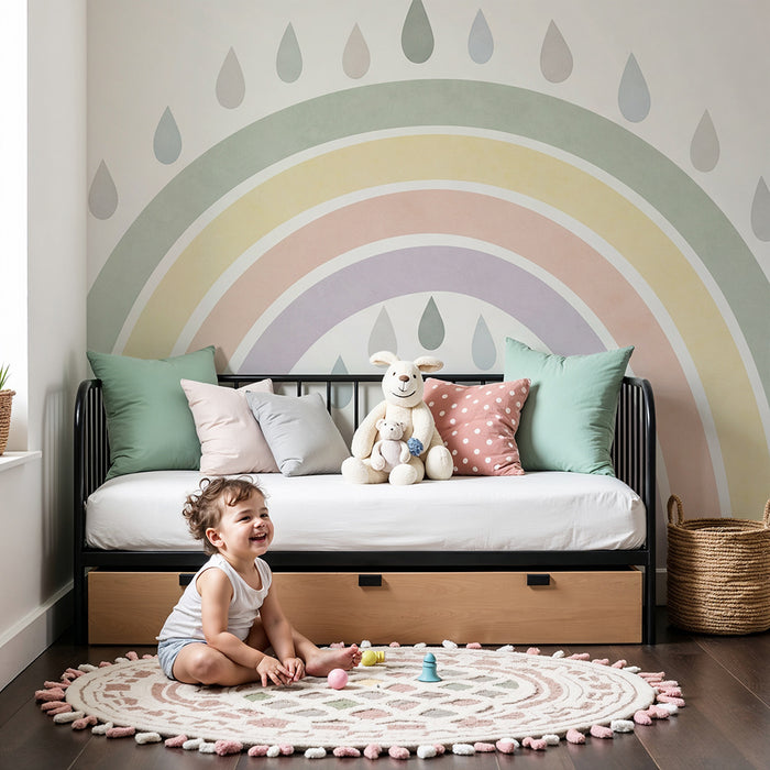 Babykamer behang | Pastel regenboog met delicate druppels