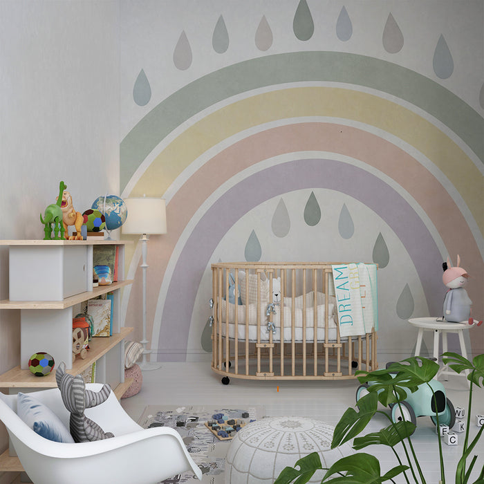 Babykamer behang | Pastel regenboog met delicate druppels