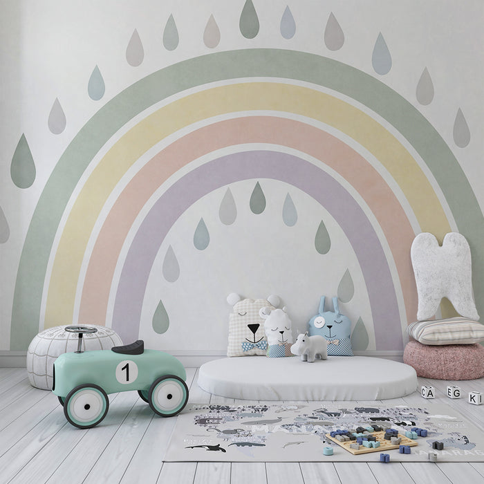 Babykamer behang | Pastel regenboog met delicate druppels