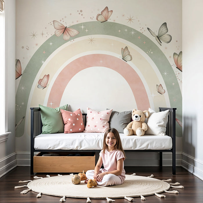 Babykamer behang | Pastel regenboog met delicate vlinders