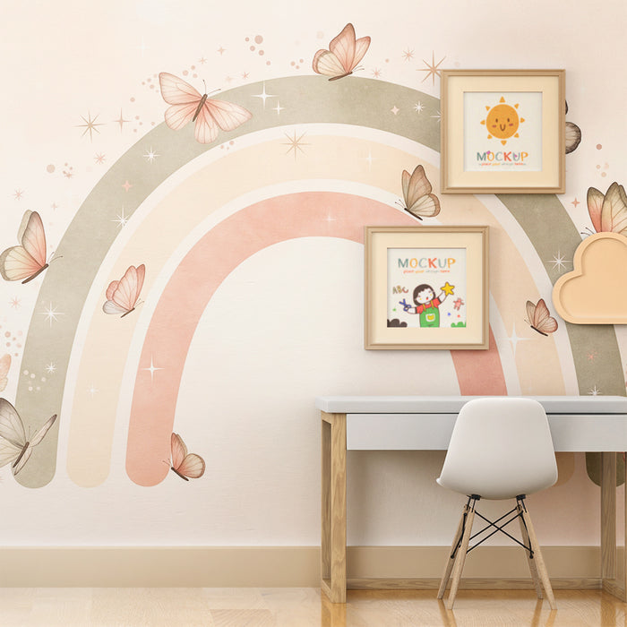 Babykamer behang | Pastel regenboog met delicate vlinders
