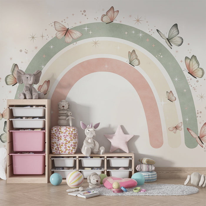 Babykamer behang | Pastel regenboog met delicate vlinders