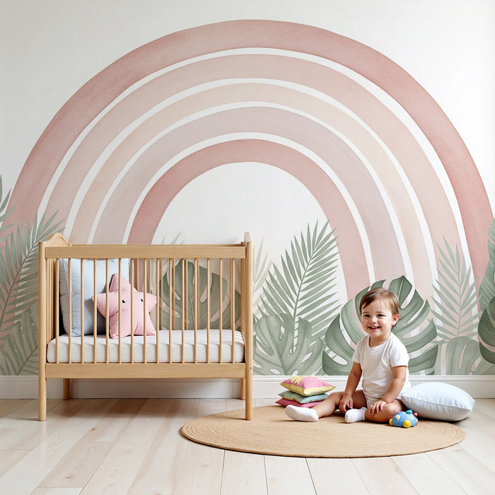 Papel de parede quarto bebê | Παστέλ ουράνιο τόξο μπροστά από ένα όμορφο τροπικό φύλλωμα