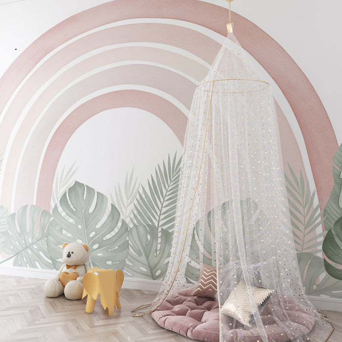 Papel de parede quarto bebê | Παστέλ ουράνιο τόξο μπροστά από ένα όμορφο τροπικό φύλλωμα