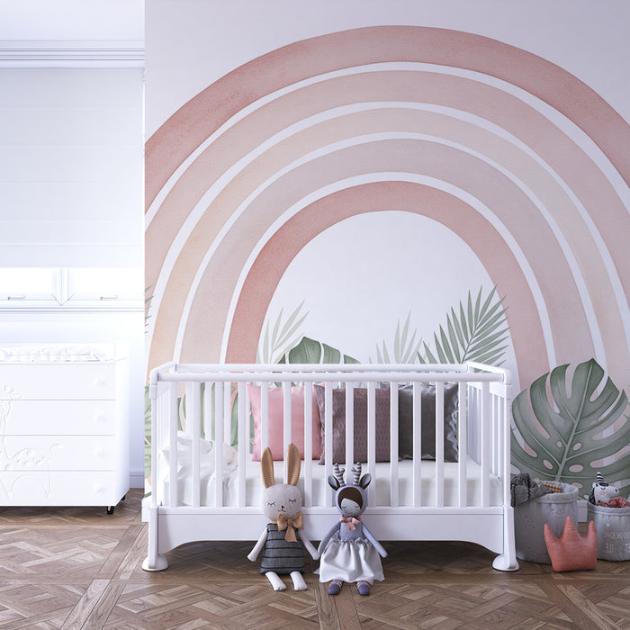 Papel de parede quarto bebê | Παστέλ ουράνιο τόξο μπροστά από ένα όμορφο τροπικό φύλλωμα