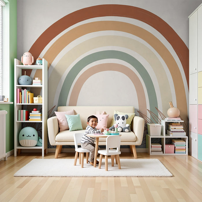 Tapety dla dzieci | Pastelowy tęczowy motyw otoczony tropikalną roślinnością